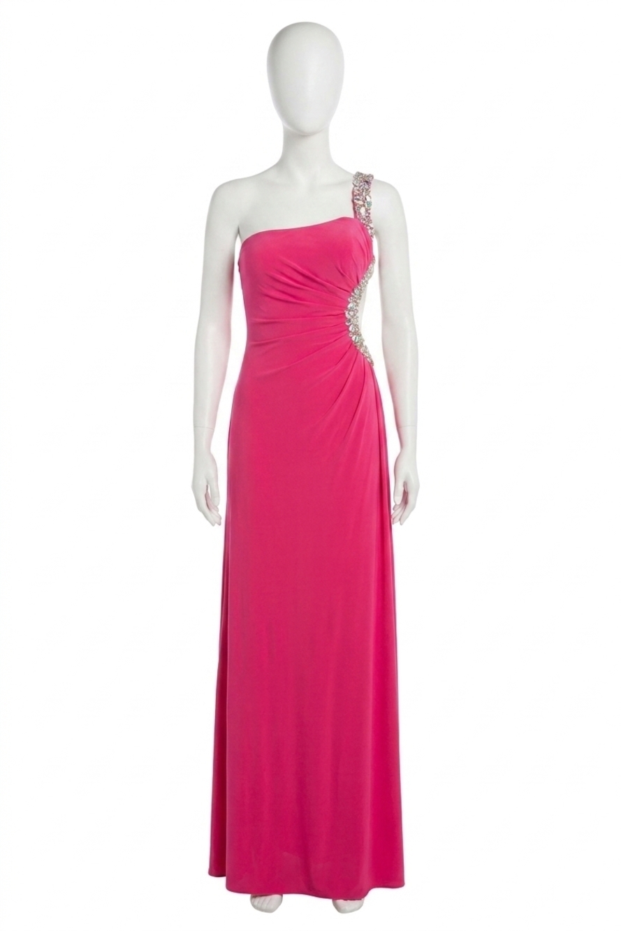 NEW RACHEL ALLAN one shoulder heavily beaded strap gown in fuchsia